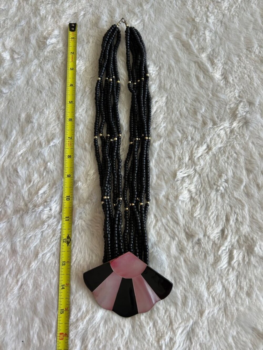 VTG 80's Beaded Necklace Pink & Black Abalone Shell Fan Pendant Statement Piece - Picture 6 of 6
